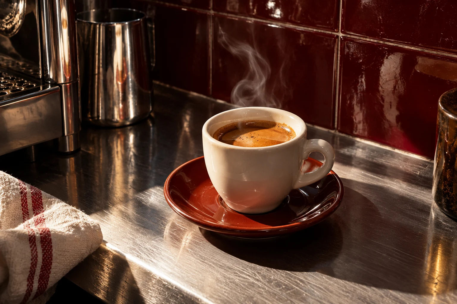 Espresso con crema sobre un mostrador de acero y azulejos vino